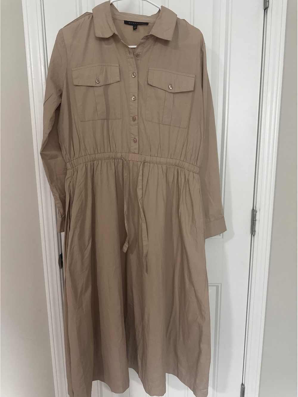 Downeast Beige Long Sleeve Button Front Midi Dress with‎ Waist Tie